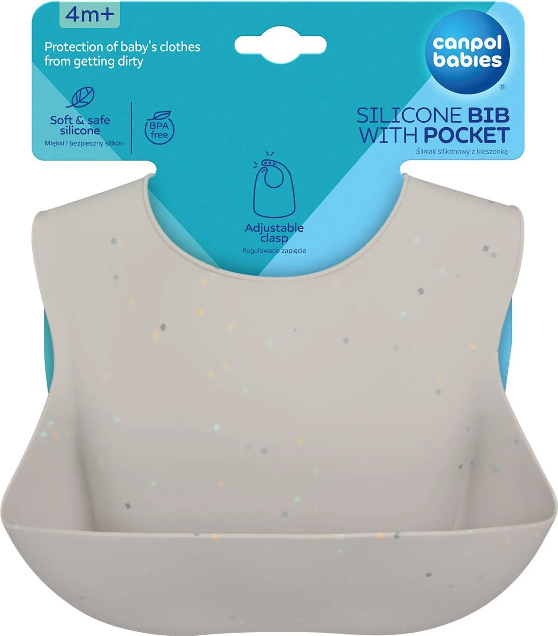 Canpol Babies wasserdichtes Silikonlätzchen mit Tasche 4m+ – Grau